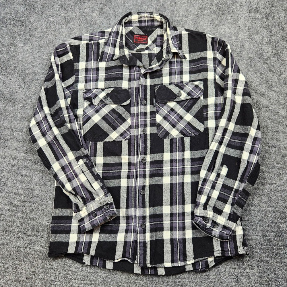 FiveBrother Flannel Shirt Mens Medium Black Gray Plaid Button Front Workwear‎